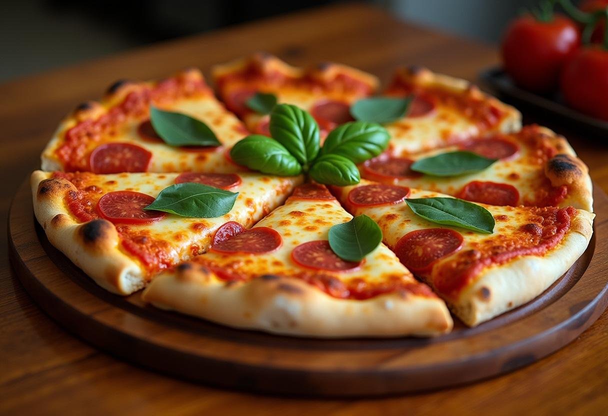 Final presentation of Sal's pizza, showcasing a bubbling, cheesy masterpiece with fresh ingredients, perfect for your pizza menu.