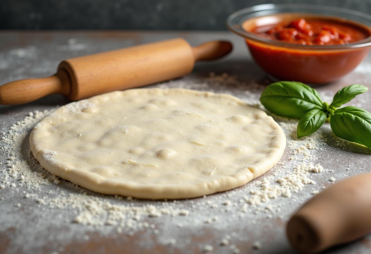 Delicious Sal's pizza with freshly rolled dough and authentic tomato sauce ingredients, perfect for a homemade pizza menu.