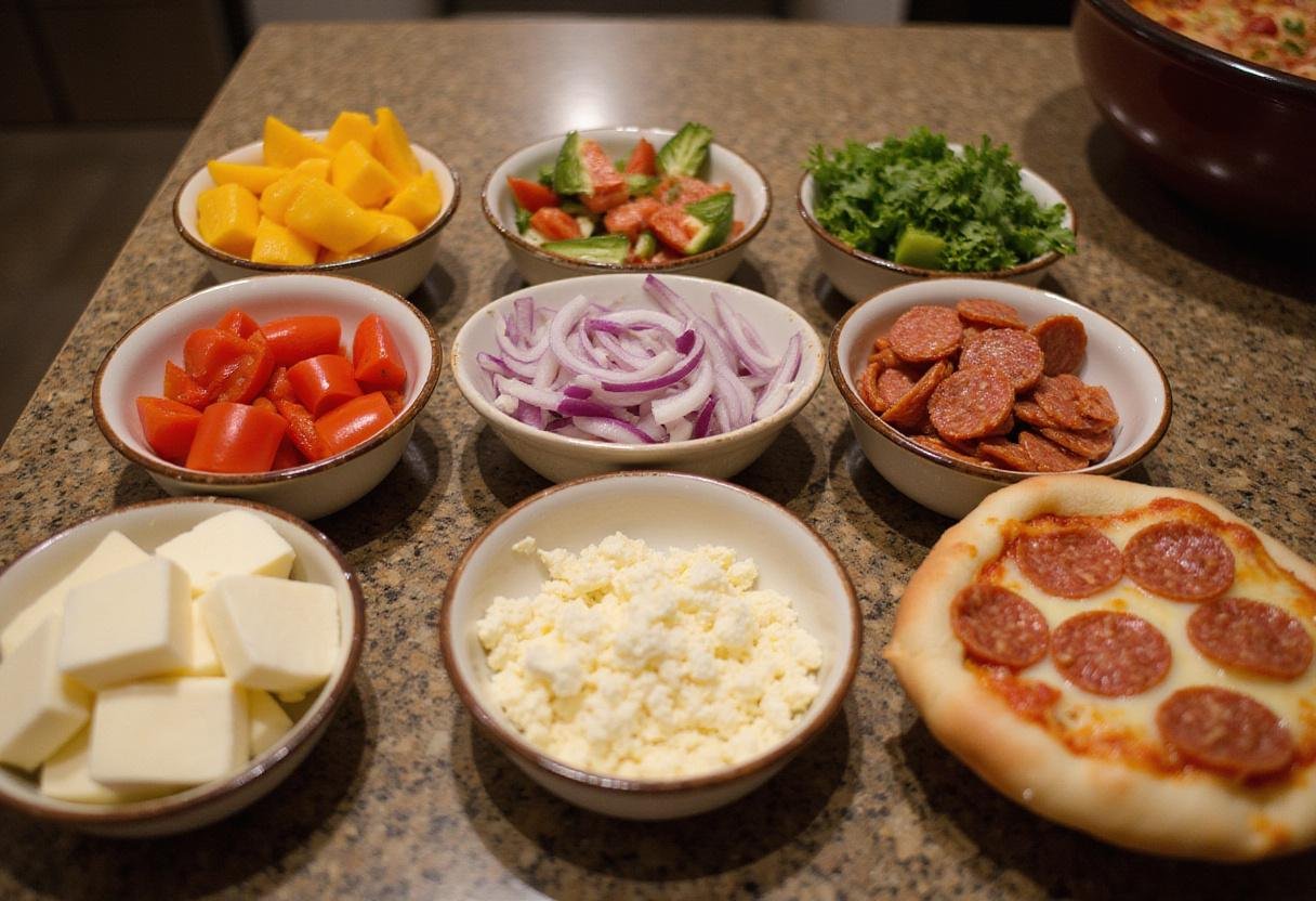 Colorful ingredients for Sal's pizza arranged beautifully, showcasing the freshness of the toppings for an irresistible pizza menu.