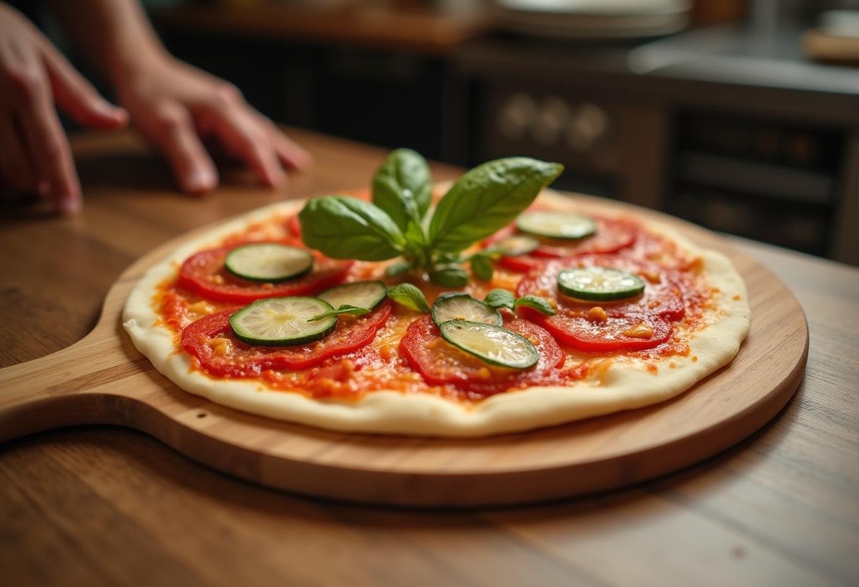 Crafting Sal's pizza on a wooden peel, layering fresh toppings onto the delicious sauce for an inviting pizza experience.