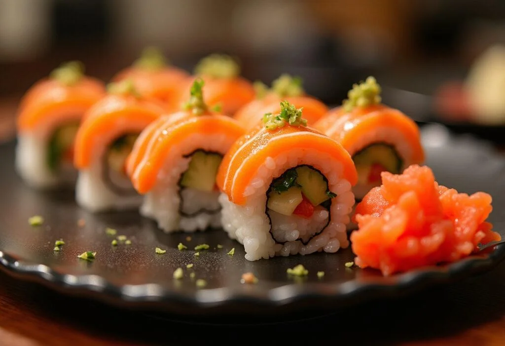 Exquisite presentation of masago sushi rolls, served with traditional accompaniments in a delightful setting.