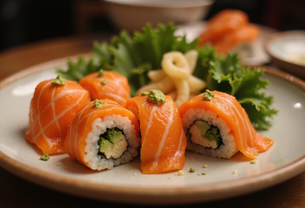 Exquisite presentation of masago sushi rolls, served with traditional accompaniments in a delightful setting.