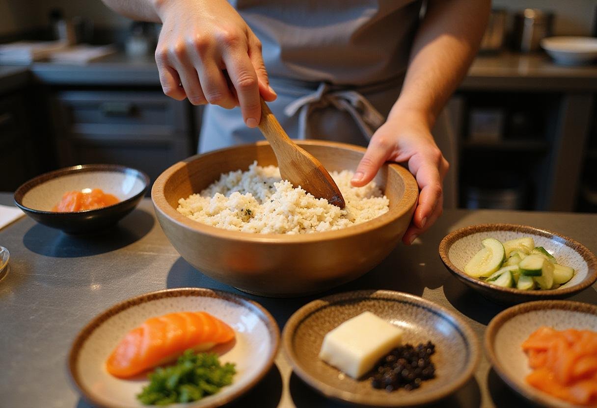 Mixing sushi rice with seasonings, preparing for masago sushi toppings and fillings.