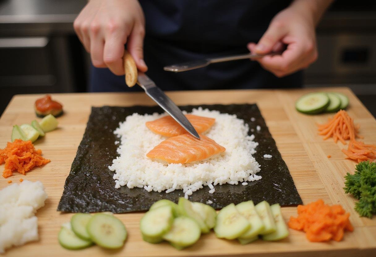 Constructing a sushi roll with seasoned rice and fresh ingredients, bringing masago sushi to life.