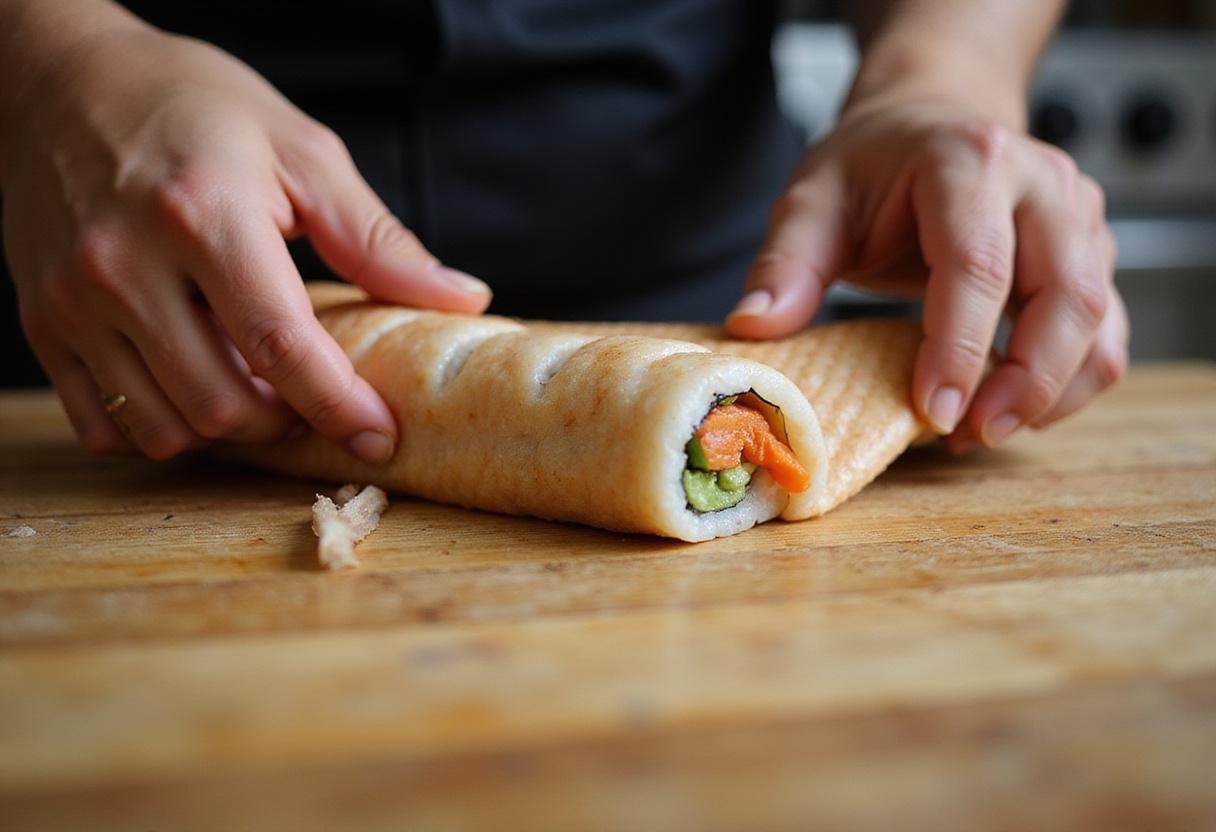 Rolling sushi carefully with nori, ensuring a perfect round shape for the masago sushi delight.