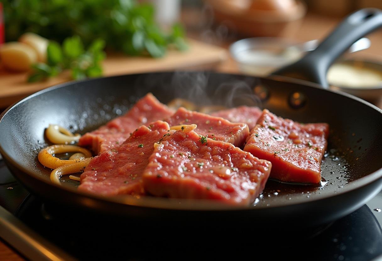 Cooked Savory North Shore Beef - A close-up of thinly sliced beef and caramelized onions in a skillet, showcasing a delicious North Shore beef preparation.