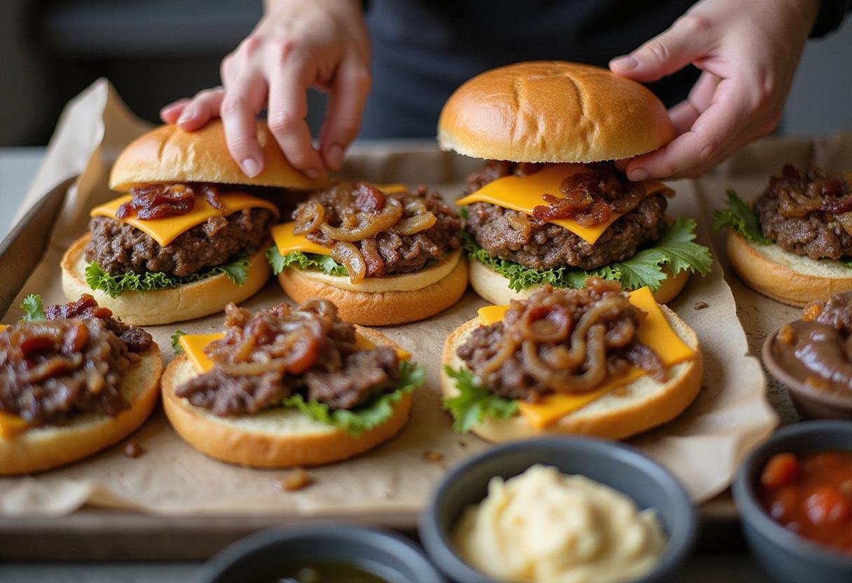 Assembling Savory North Shore Beef Sandwich - An overhead shot of a delicious sandwich being built with beef, onions, and cheese.
