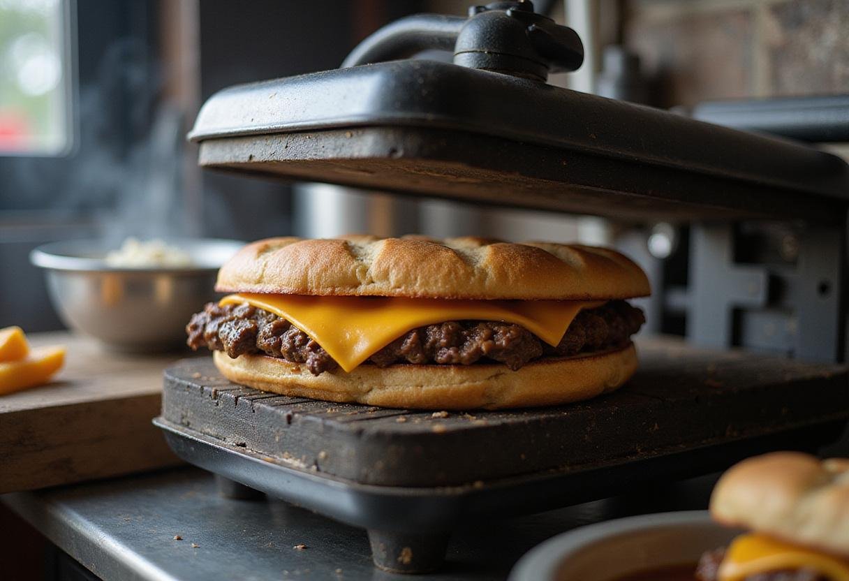 Grilling Savory North Shore Beef Sandwich - A flavorful sandwich pressed in a panini maker, melting cheese and steam showcasing its deliciousness.