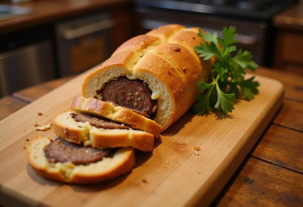 Savory Philly cheesesteak loaf served on a cutting board, highlighting the flavorful ingredients and warm presentation ideal for a delicious meal.