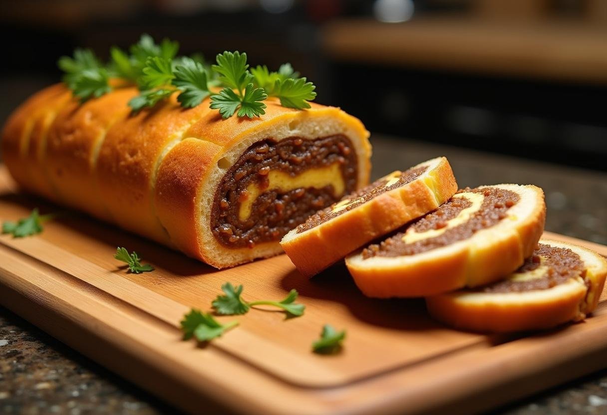 Savory Philly cheesesteak loaf served on a cutting board, highlighting the flavorful ingredients and warm presentation ideal for a delicious meal.