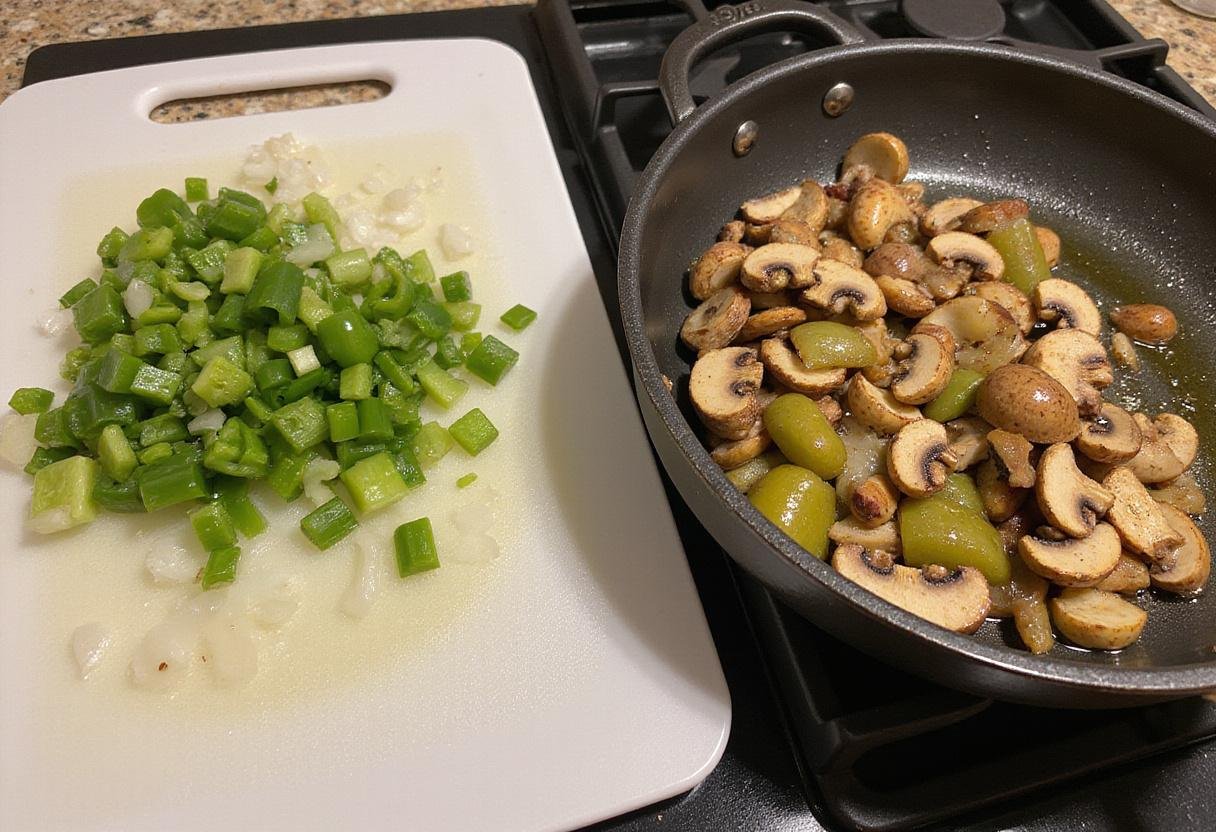 Chopped vegetables for Philly cheesesteak loaf sautéed in a skillet, showcasing fresh ingredients in a savory dish.