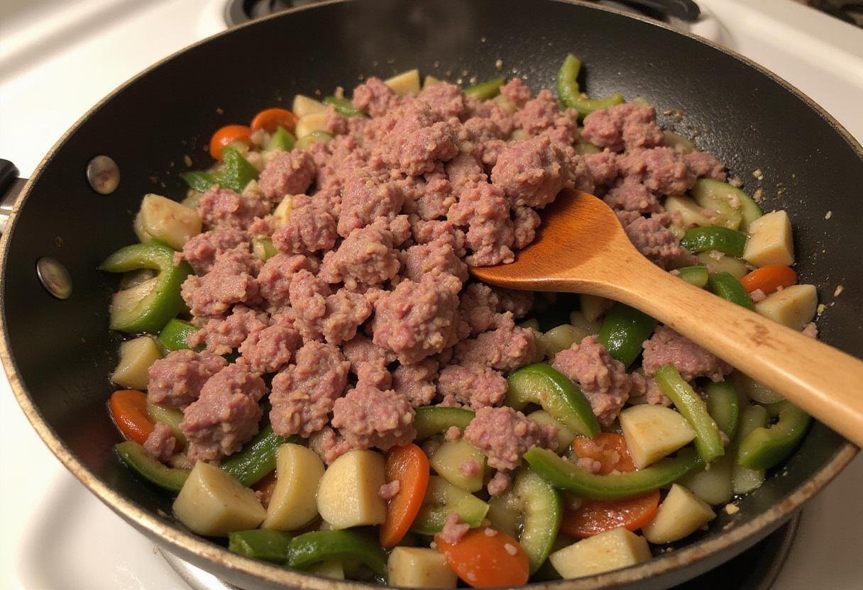 Ground beef cooked with vegetables for Philly cheesesteak bread, creating a delicious filling mixture in a skillet.