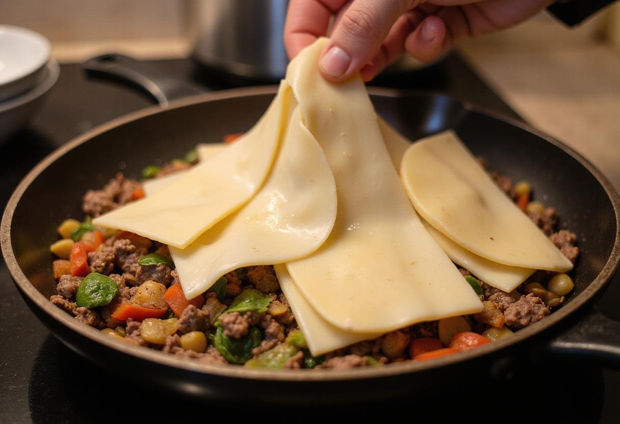 Melting provolone cheese over seasoned beef mixture for Philly cheesesteak loaf, adding gooey flavor to the filling.
