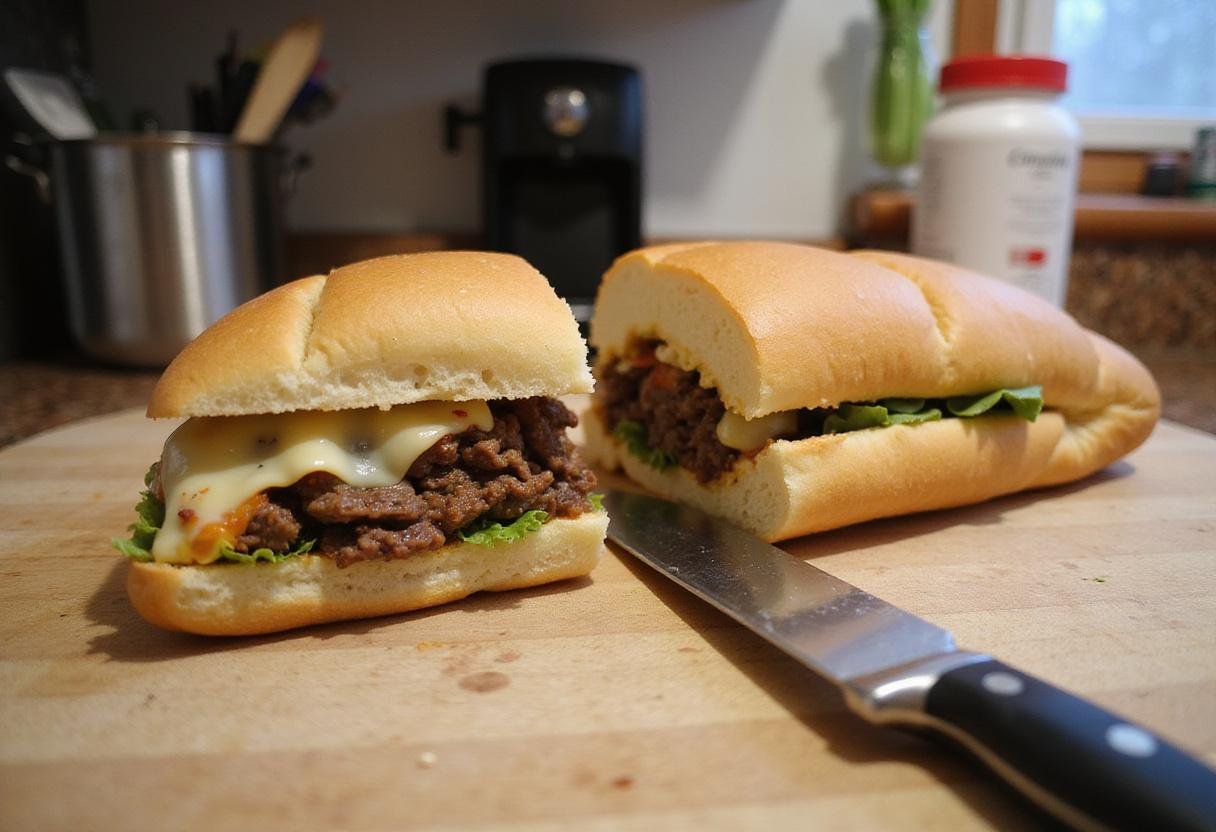 Freshly sliced bread ready for Philly cheesesteak filling, showcasing the hearty combination of flavors within the loaf.