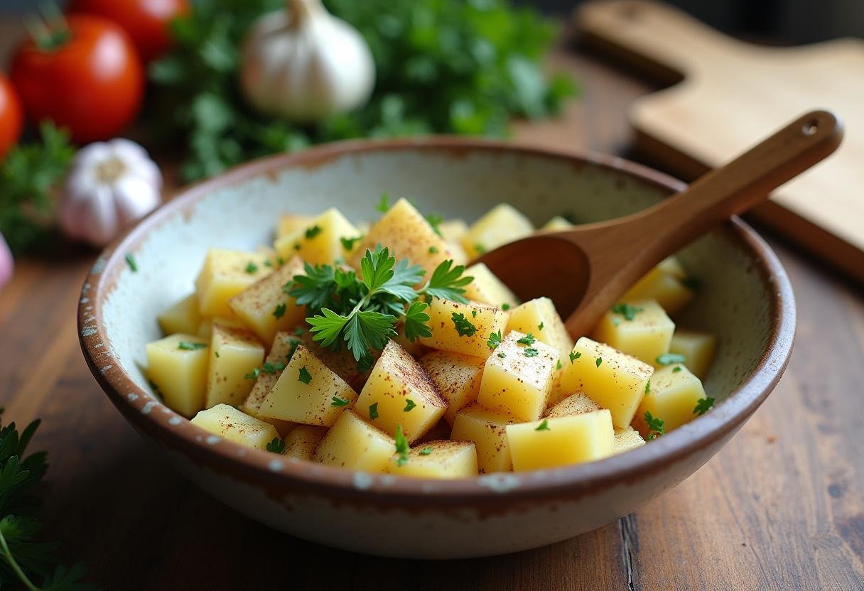 Savory Potato Bite Explosion ingredients being mixed, showcasing diced potatoes and fresh herbs for a tasty appetizer.