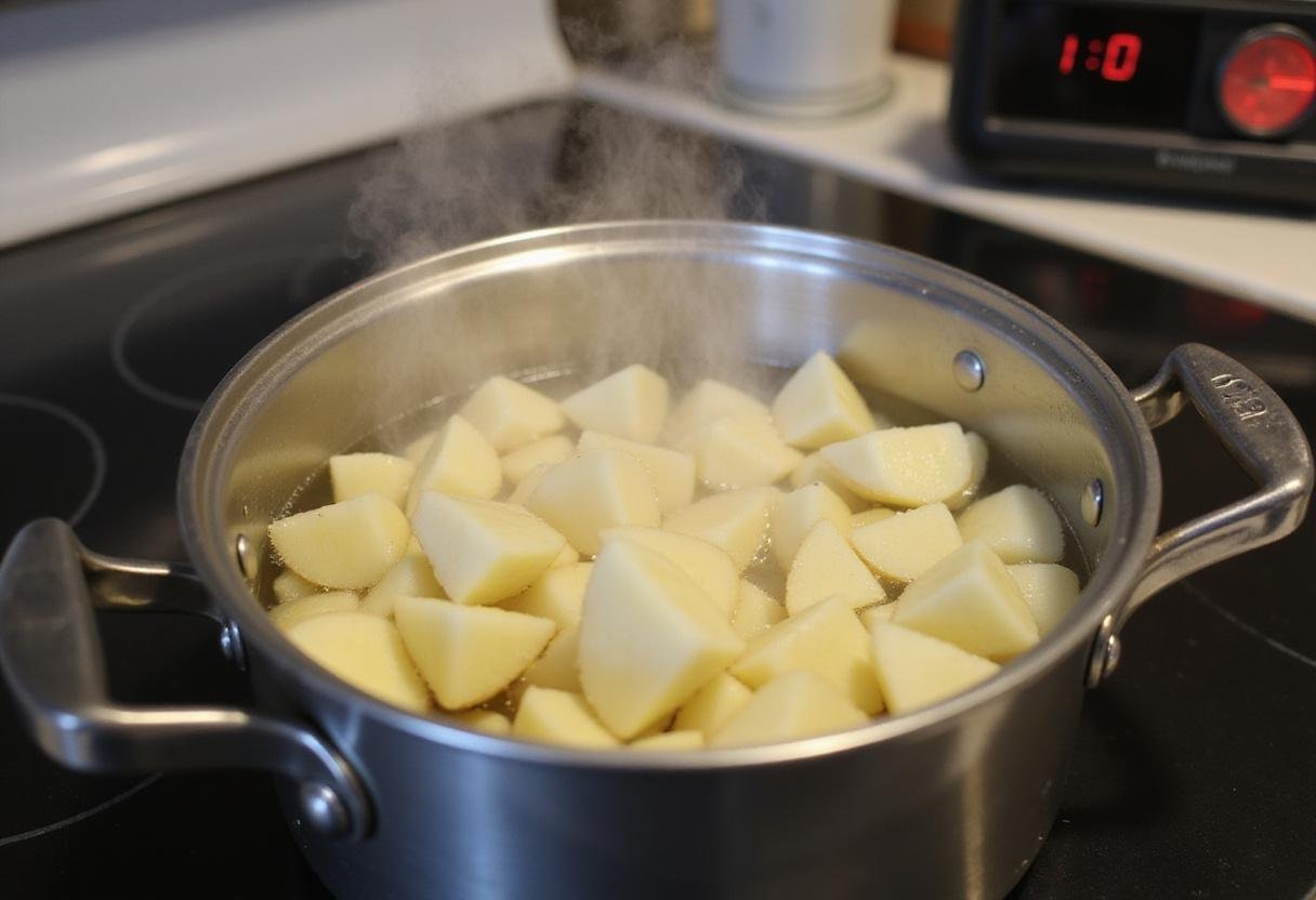 Blanching diced potatoes for Savory Potato Bite Explosion, capturing the cooking process of these delicious bite-sized pieces.