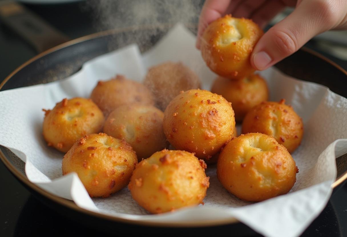 Crispy Savory Potato Bite Explosions being drained after frying, highlighting the perfect golden color and crunchy texture.
