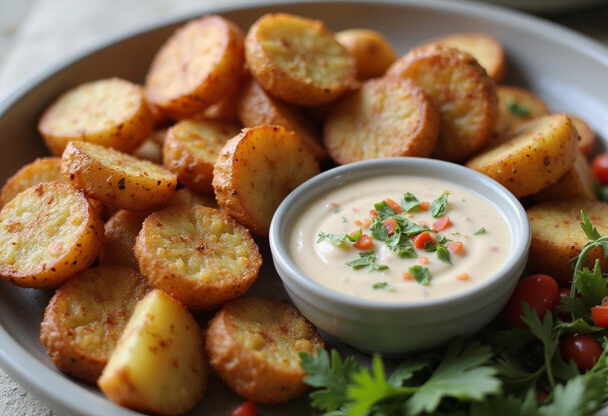 Dipping sauce alongside savory potato bites, creating an inviting display for this delightful appetizer.