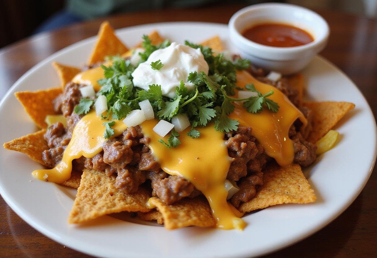 A stunning display of savory spicy birria nachos, showcasing their vibrant ingredients and tempting flavors, perfect for sharing.