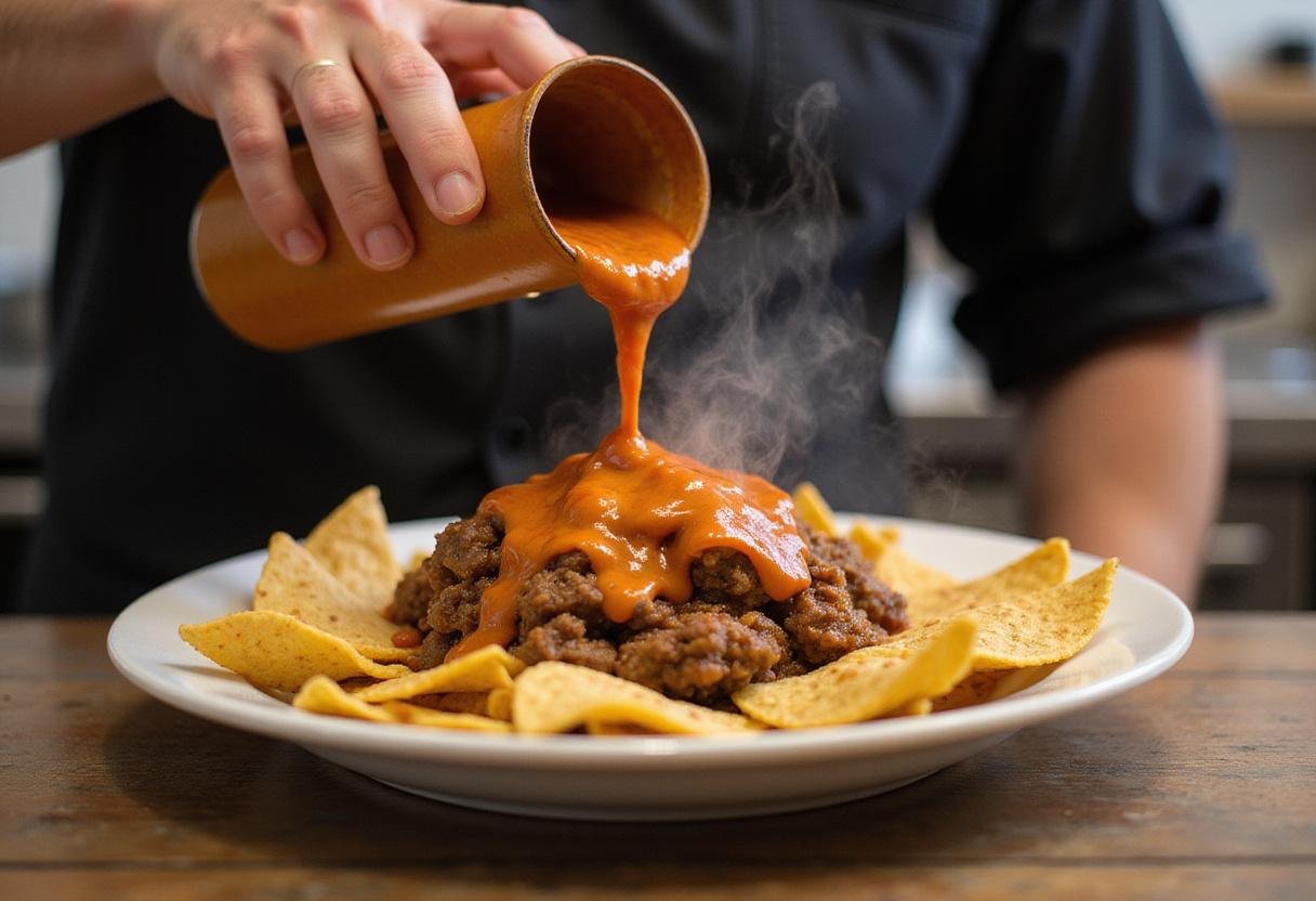 Chefs preparing birria nachos by drizzling spicy birria sauce over crispy tortilla chips, creating an irresistible dish.
