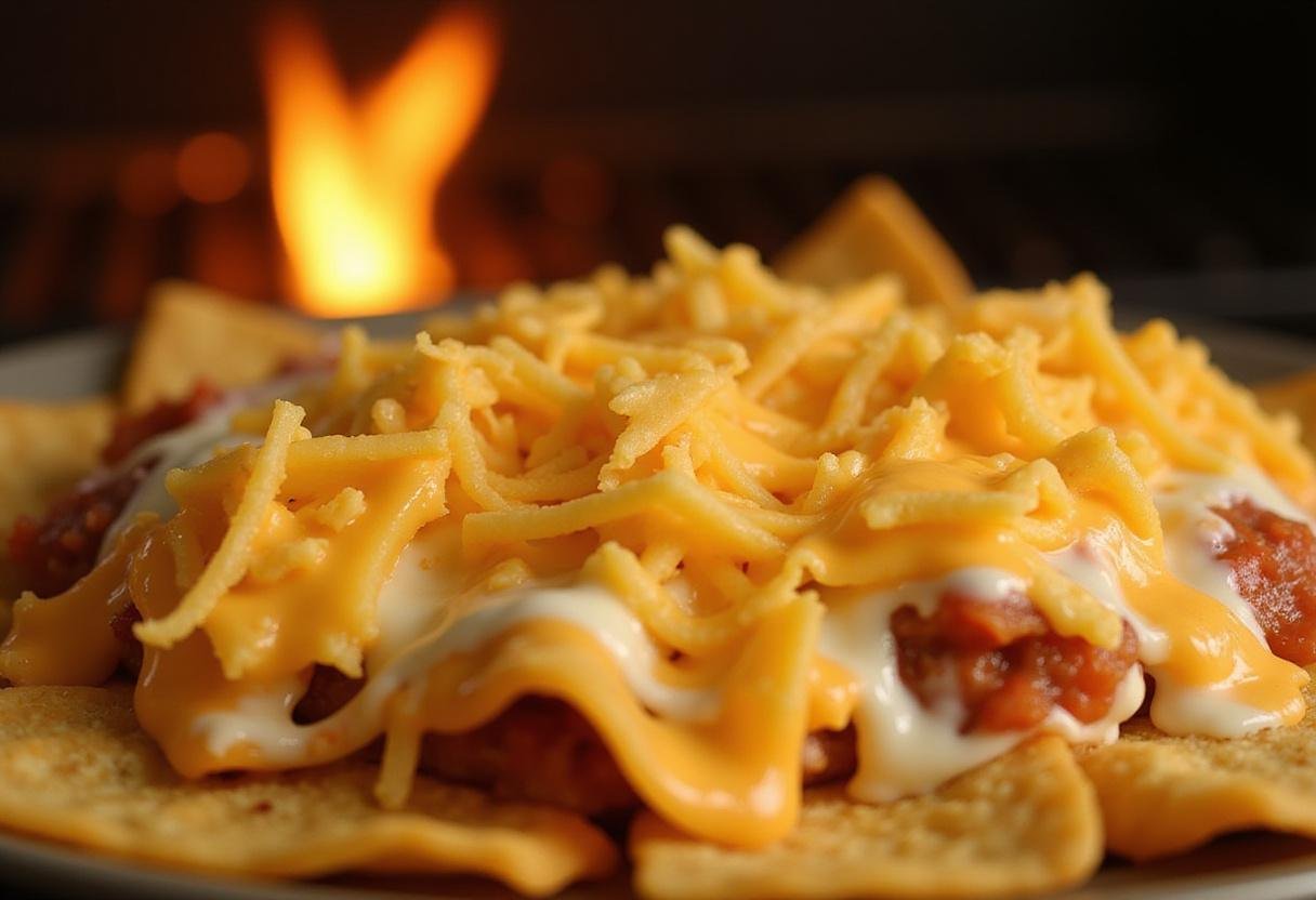 Melted cheese being added to the savory birria nachos, enhancing the flavors with a gooey texture.