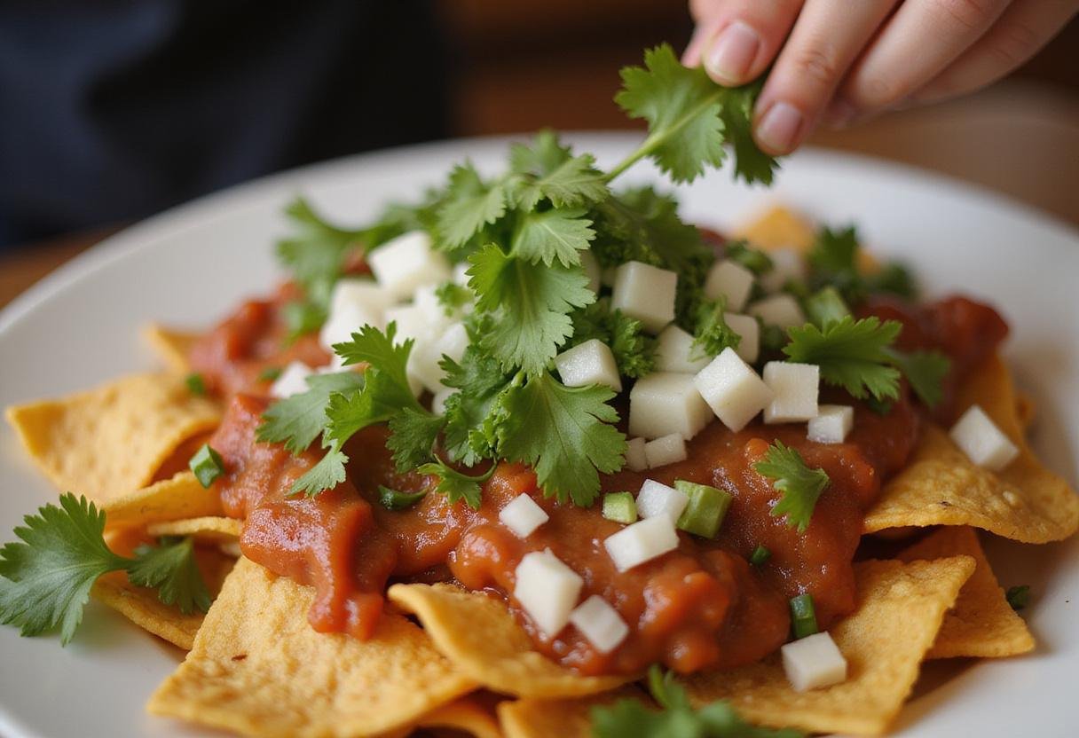 Final touches on birria nachos with fresh onions and cilantro, completing the vibrant presentation of this delicious dish.