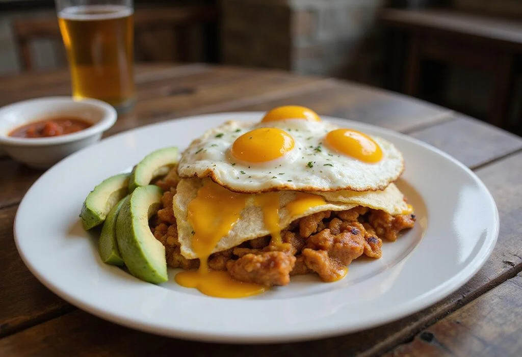 Final presentation of savory huevos rancheros with avocado and salsa, ready to enjoy a delightful huevos rancheros recipe.
