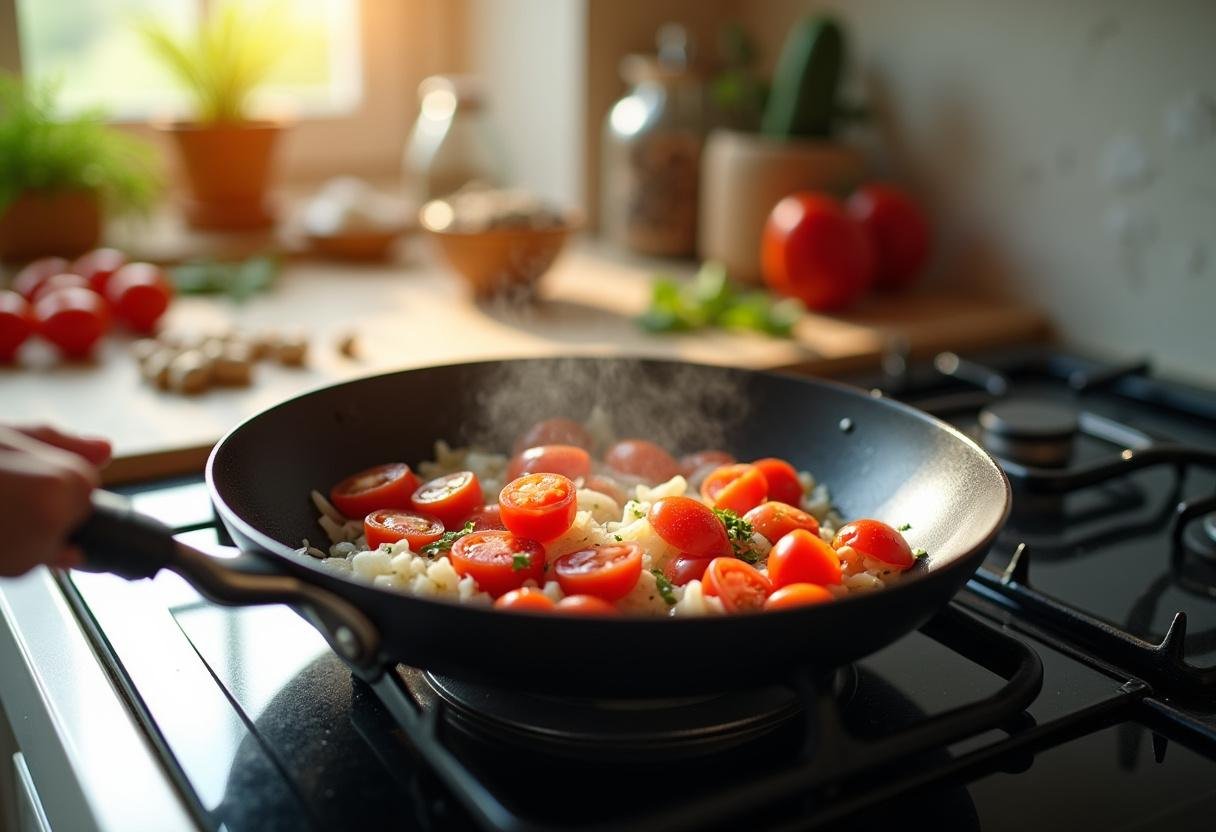 Sizzling tomatoes and onions in the frying pan, part of an authentic huevos rancheros recipe preparation.