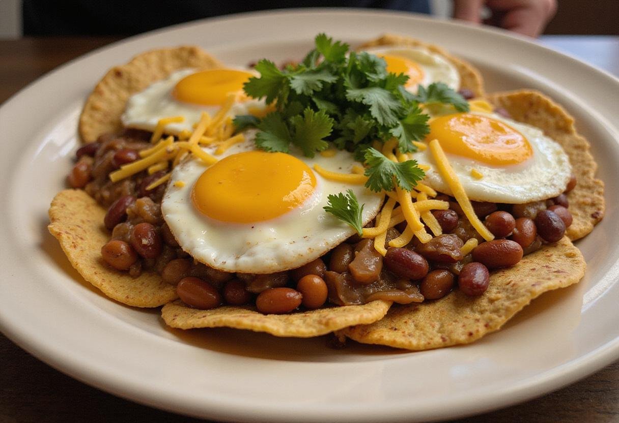 Layered huevos rancheros dish with beans, tortillas, and eggs, a delicious representation of a classic huevos rancheros recipe.