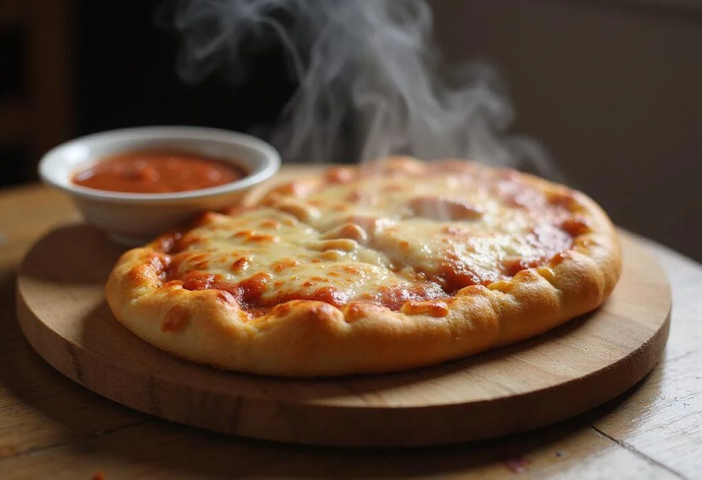 A deliciously baked hot pocket pizza on a rustic wooden board, perfect for a savory snack.