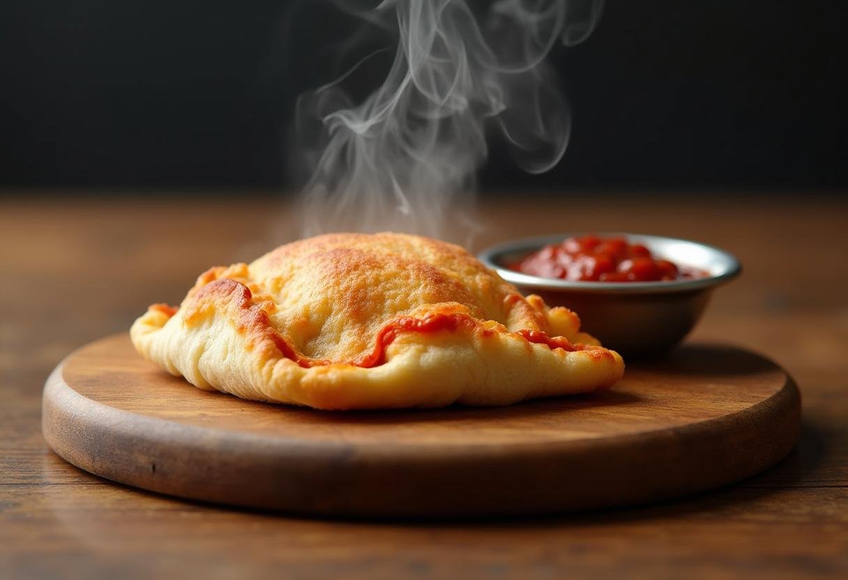 A deliciously baked hot pocket pizza on a rustic wooden board, perfect for a savory snack.