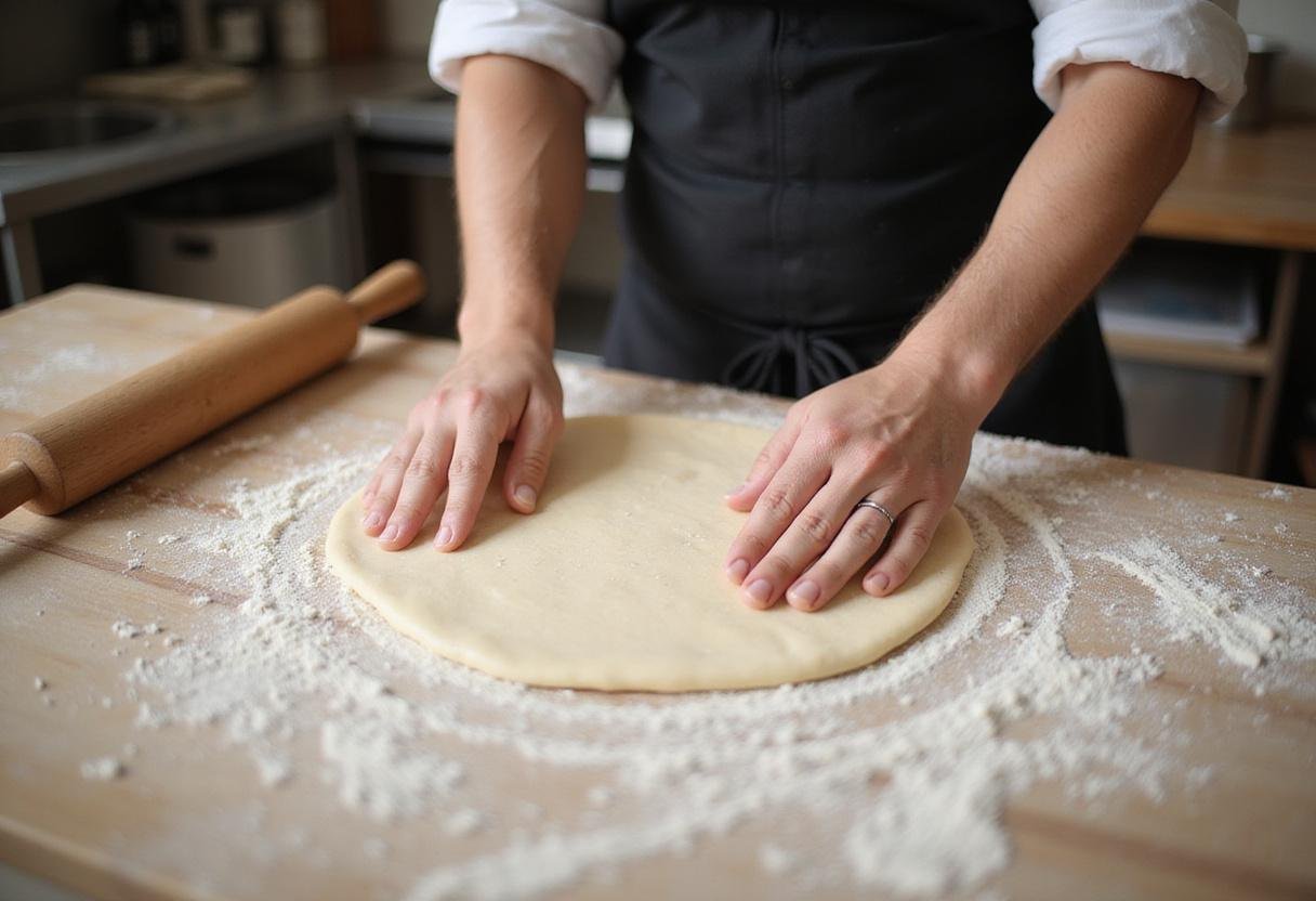 Making hot pocket pizza with freshly rolled pizza dough on a floured countertop.