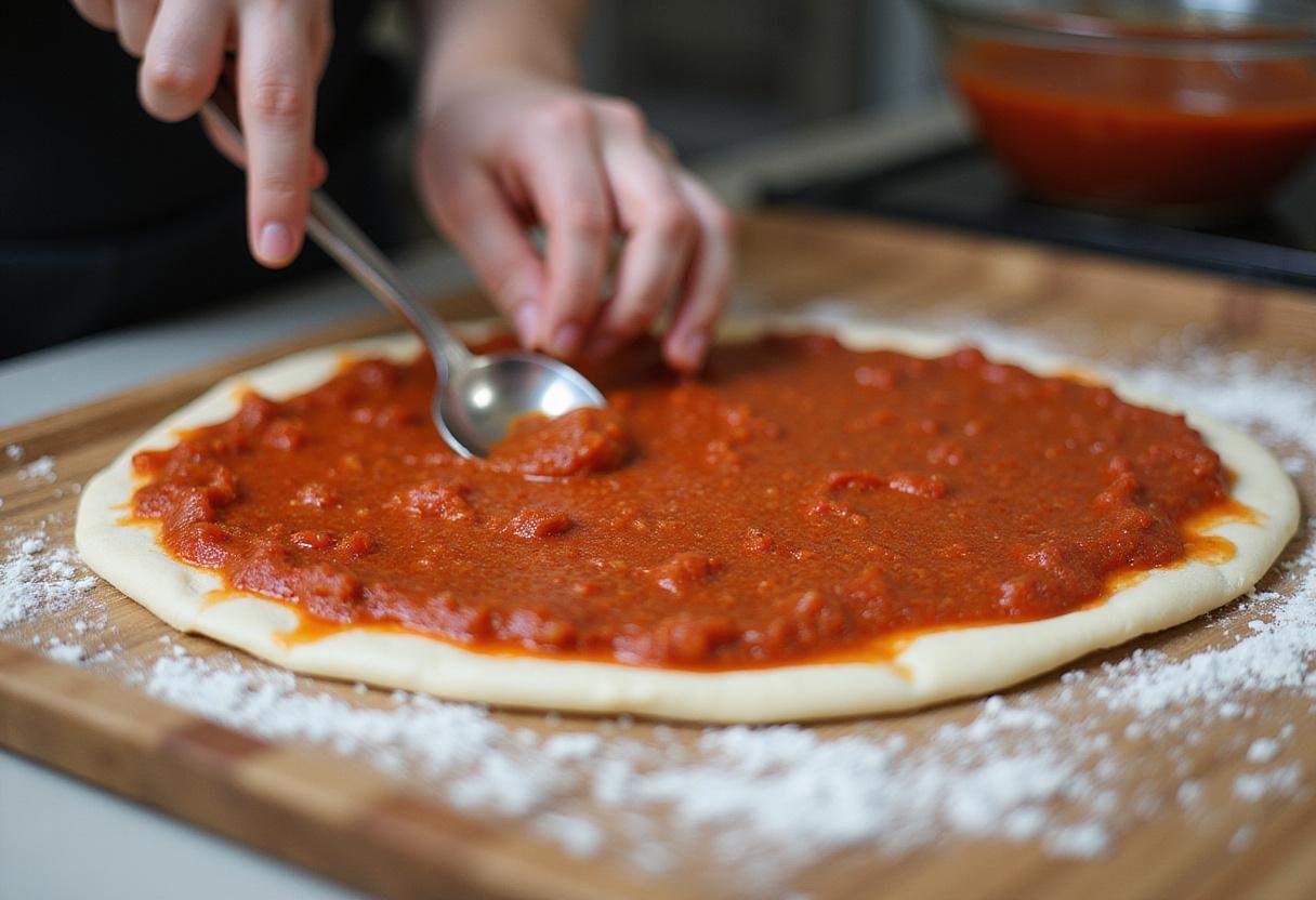 Preparing a savory hot pocket pizza by spreading flavorful tomato sauce on rolled-out dough.