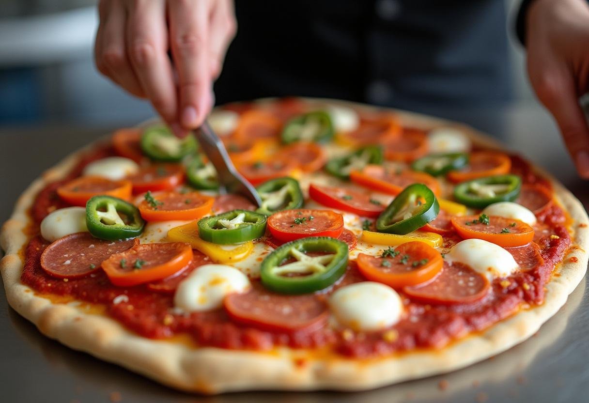 Assembling a delicious hot pocket pizza with various toppings, ready for folding.