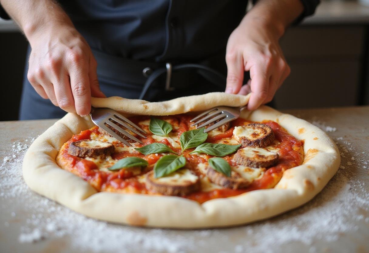 Creating a savory hot pocket pizza by folding the dough over the toppings, sealing it carefully.