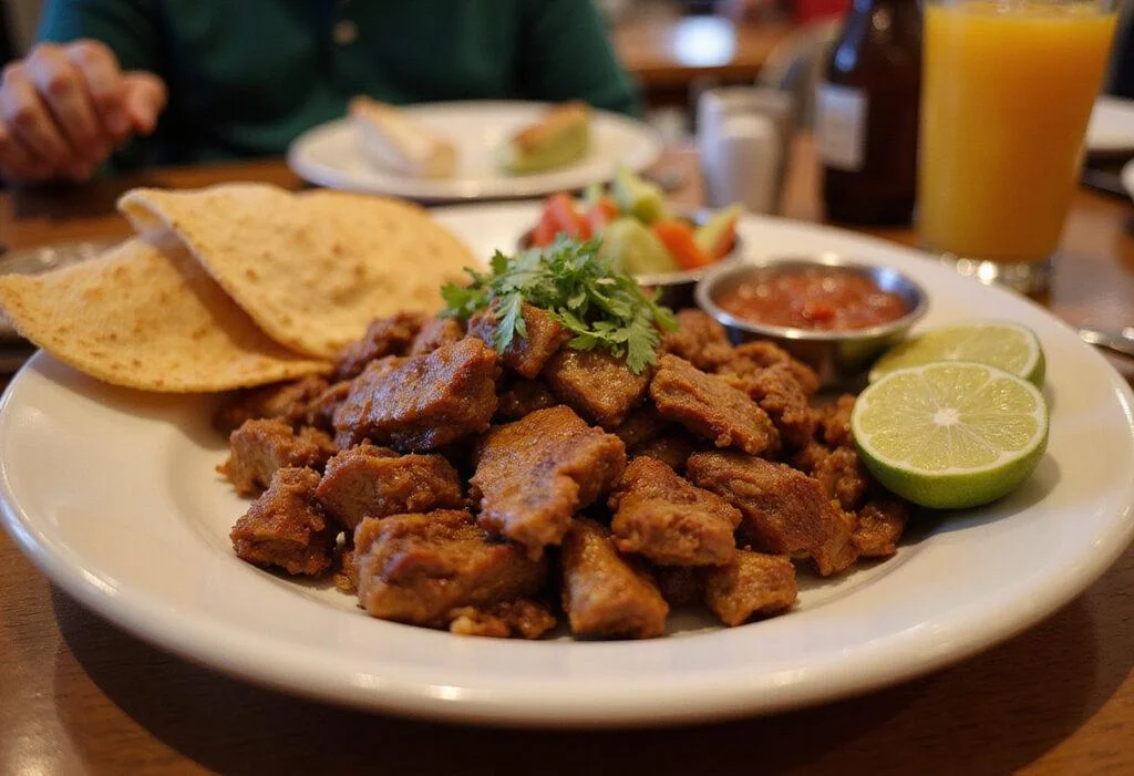 Final presentation of slow-cooked savory carnitas, highlighting the mouth-watering carnitas recipe served with garnishes.