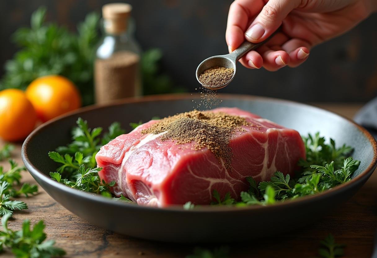 Delicious carnitas recipe featuring seasoned pork shoulder in a rustic kitchen setting.