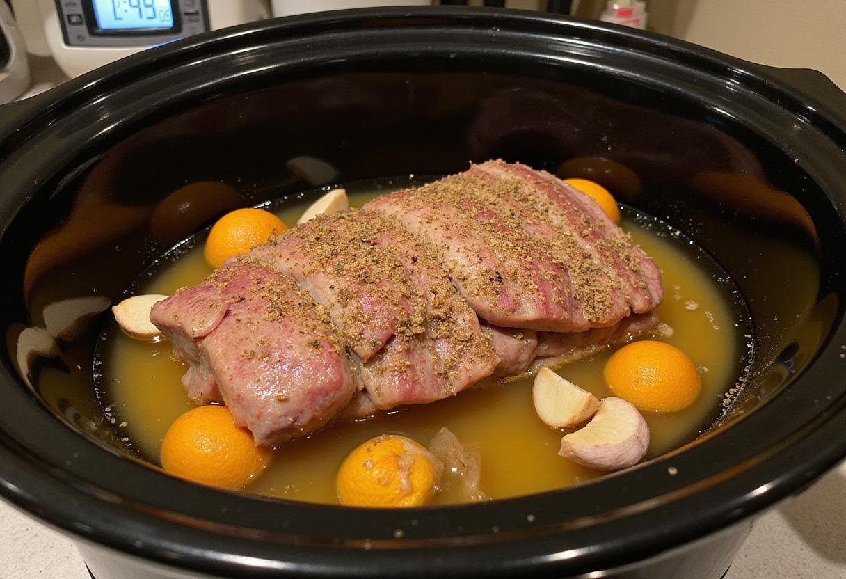 Slow-cooked savory carnitas preparation in a slow cooker with pork and oranges showcasing the authentic carnitas recipe.