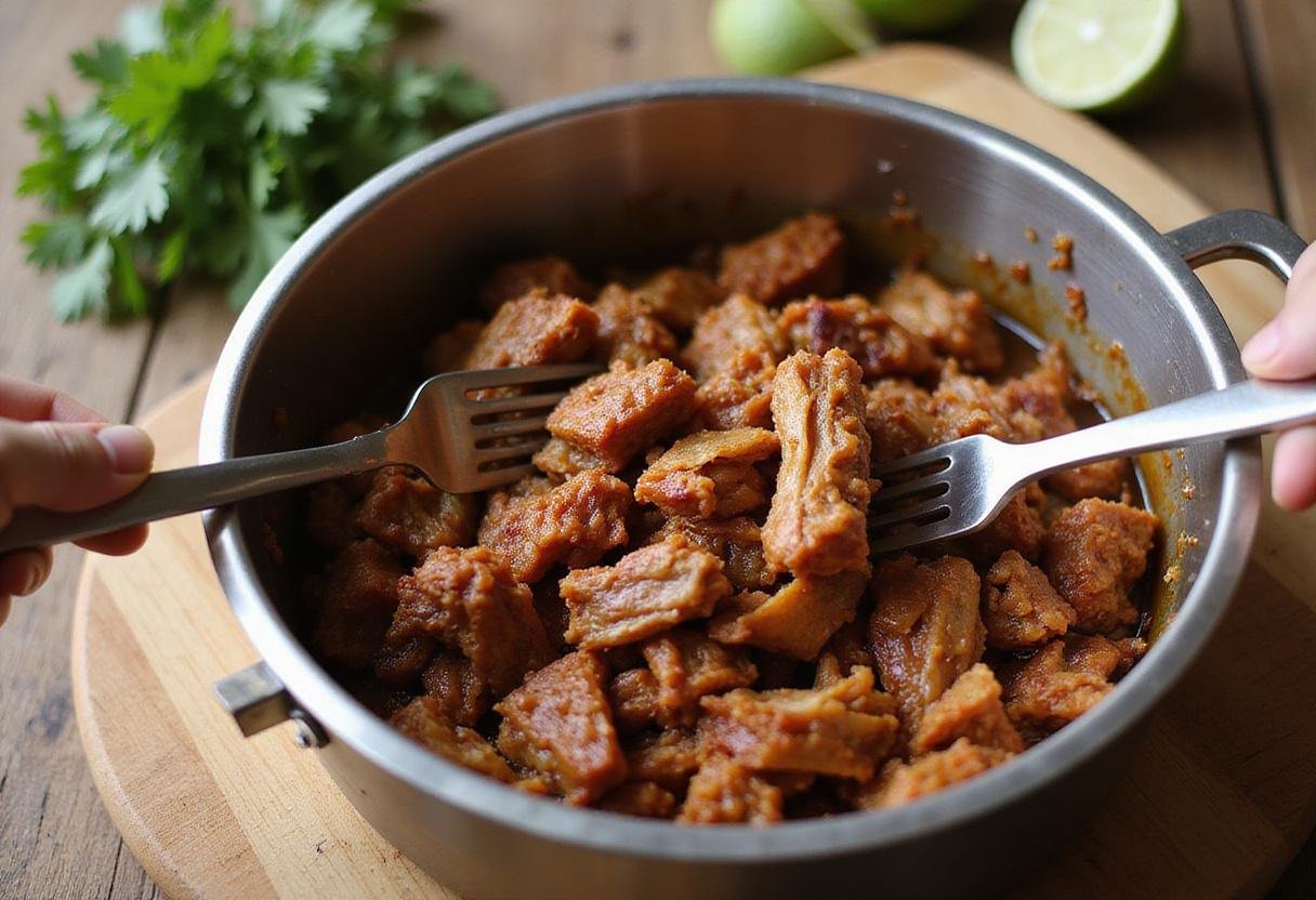Authentic carnitas recipe showcasing shredded crispy pork carnitas on a cutting board ready for serving.
