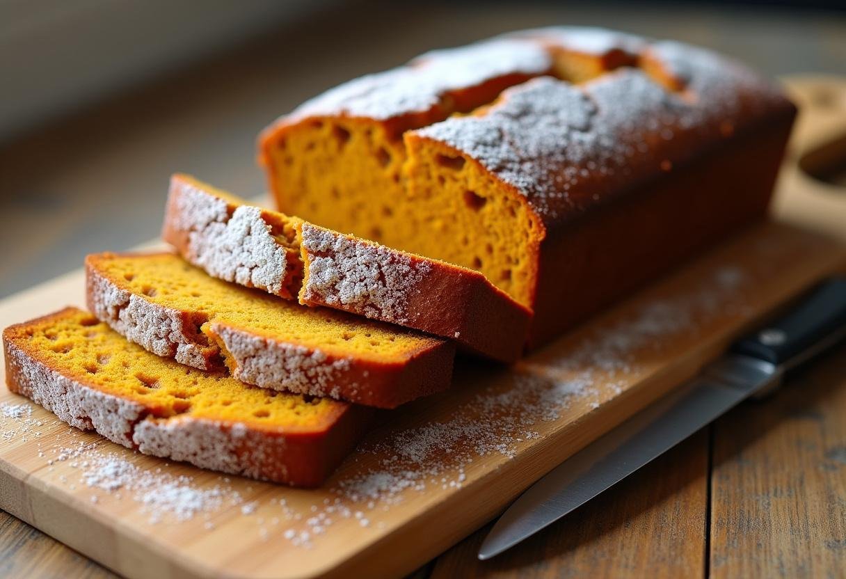 Golden-brown Smitten Kitchen pumpkin bread presented on a cutting board, highlighting its perfect texture and tantalizing appearance.
