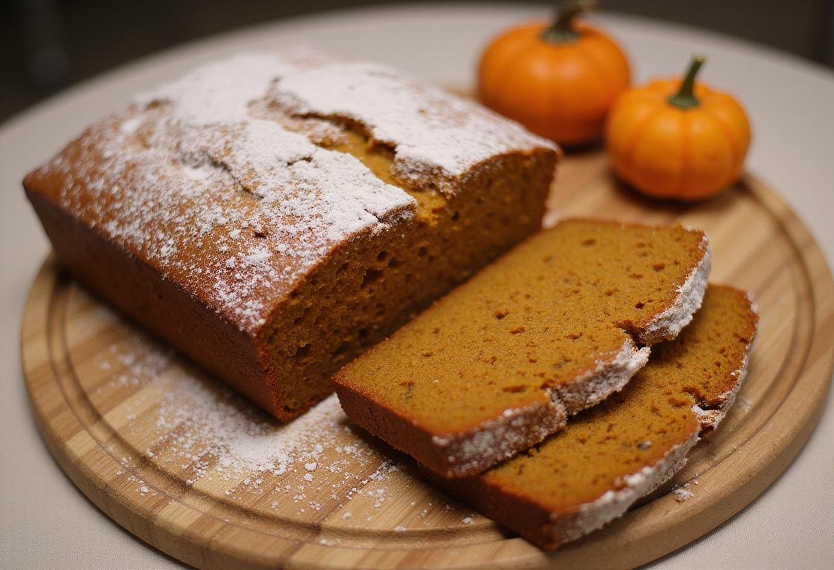 Golden-brown Smitten Kitchen pumpkin bread presented on a cutting board, highlighting its perfect texture and tantalizing appearance.