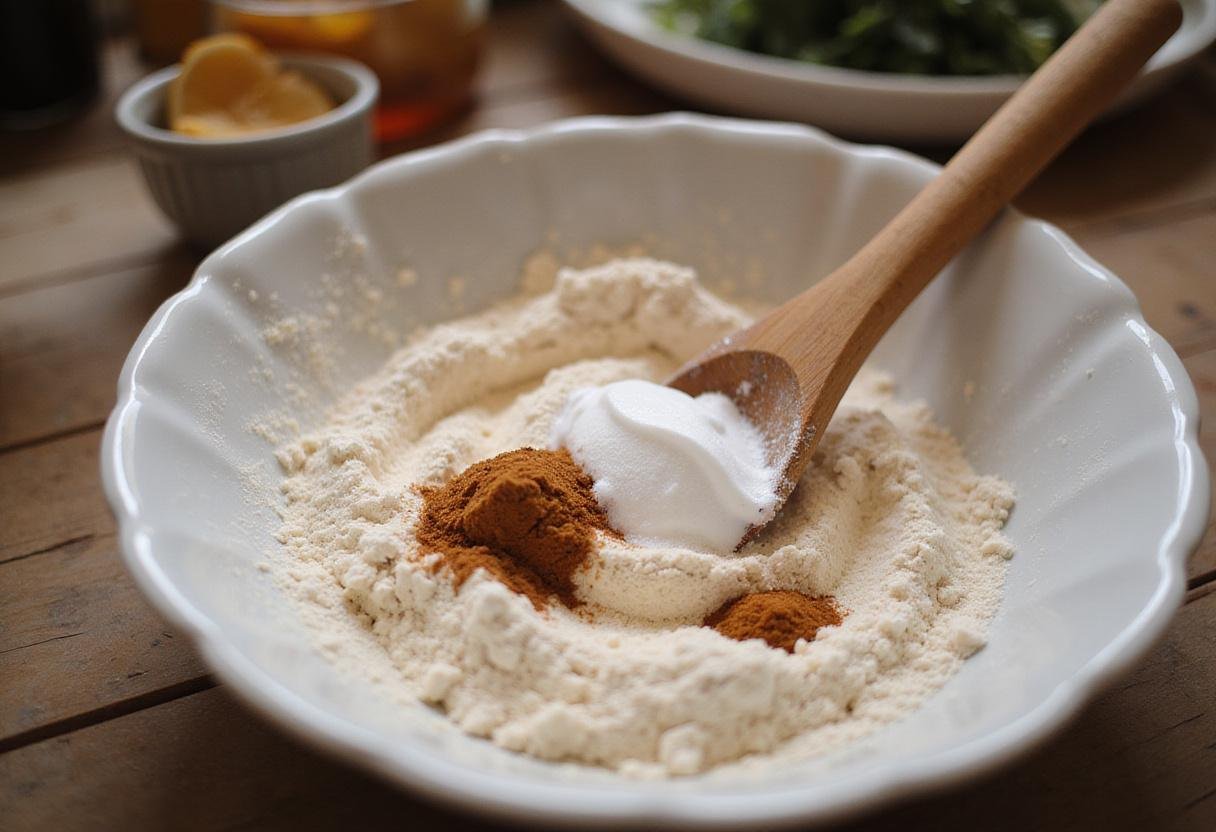 Mixing dry ingredients for Smitten Kitchen pumpkin bread in a warm, inviting kitchen, highlighting flavors of cinnamon and nutmeg.