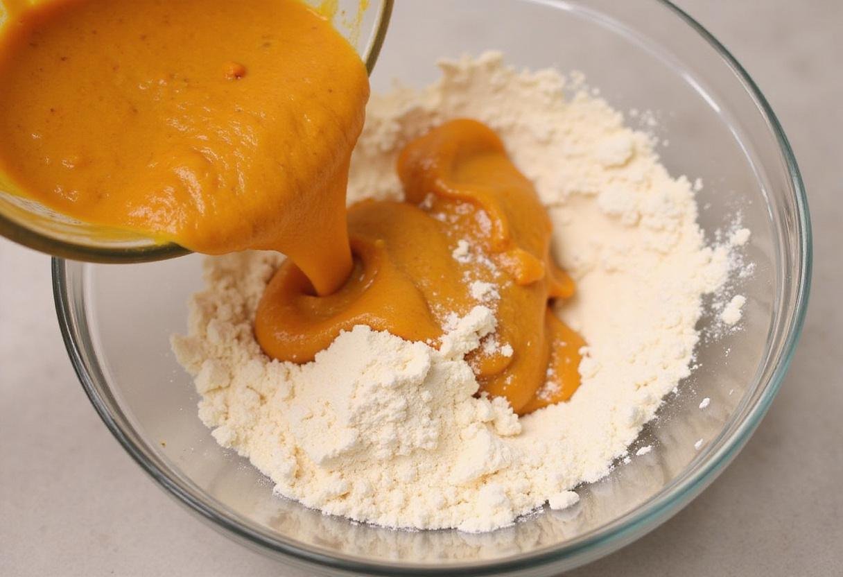 Combining pumpkin puree and dry ingredients for Smitten Kitchen pumpkin bread, capturing the mixing process in a bright kitchen.