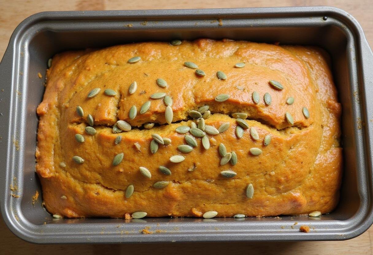 Preparing Smitten Kitchen pumpkin bread batter in a loaf pan, showcasing the enticing pumpkin seeds and rich texture.