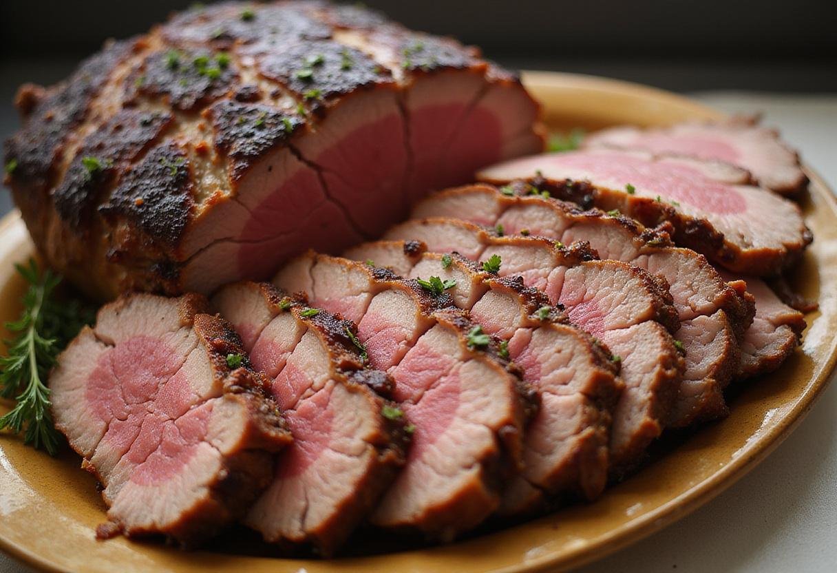Beautifully plated smoked beef roast, showcasing juicy slices and a perfect smoke ring, ideal for a hearty meal.