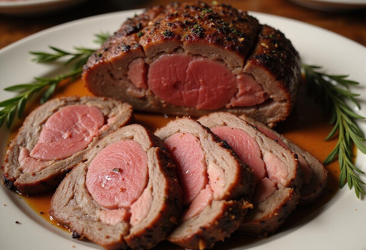 Beautifully plated smoked beef roast, showcasing juicy slices and a perfect smoke ring, ideal for a hearty meal.