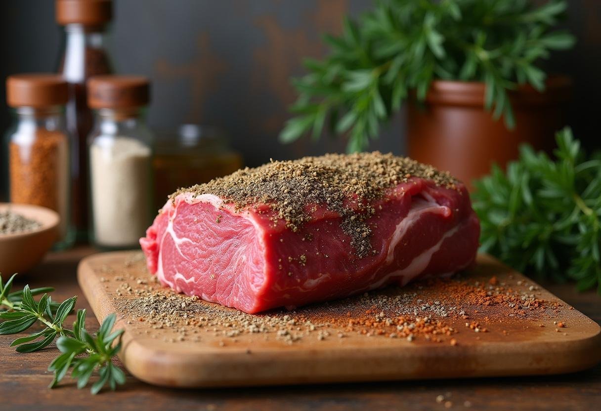 Preparing a seasoned beef roast for smoking with spices and herbs in a rustic kitchen.