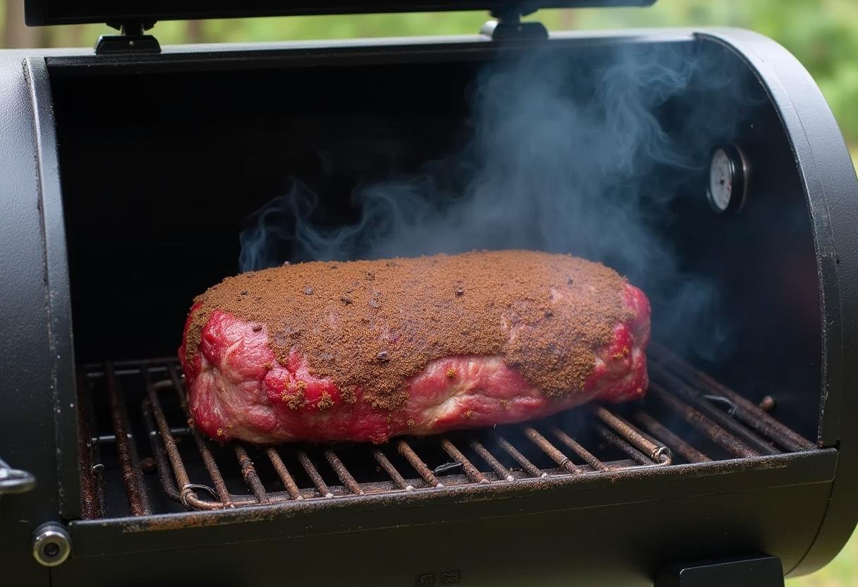Beef roast in a smoker, infusing flavor with smoke, highlighting the process of smoking meat.