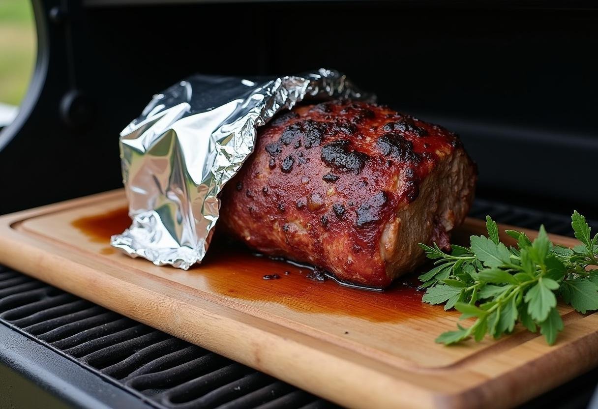 Resting smoked beef roast, freshly taken from the smoker, ready to be sliced and served, with garnishes in a rustic kitchen.