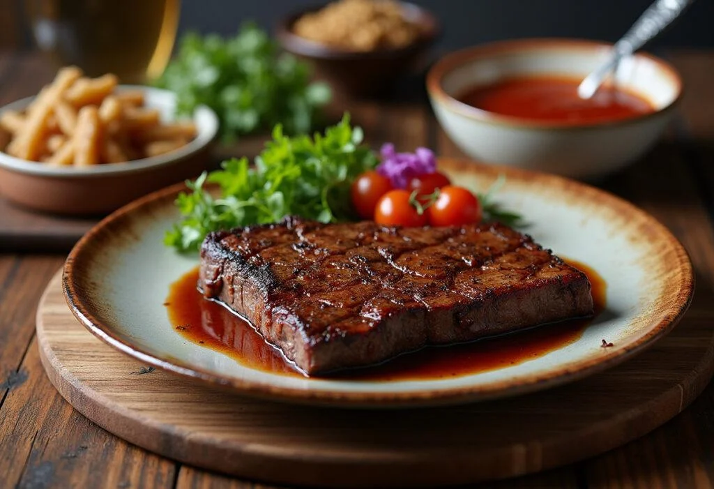 Final presentation of smoked beef sirloin delight, showcasing a deliciously smoked roast with sides on a rustic wooden table.